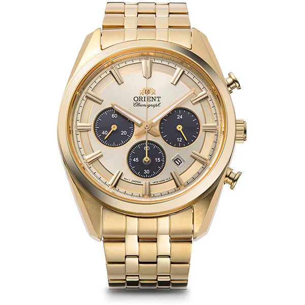 Orient RN-TX0301G Contemporary Panda Gold Solar Analog Chronograph Men Watch NEW