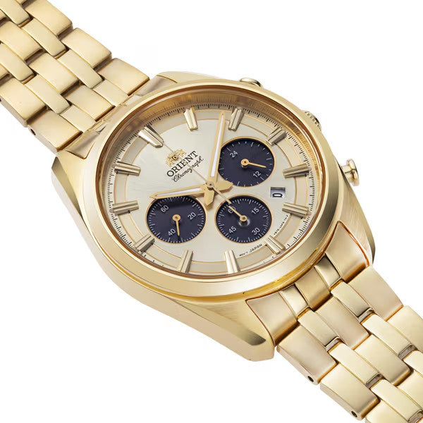 Orient RN-TX0301G Contemporary Panda Gold Solar Analog Chronograph Men Watch NEW