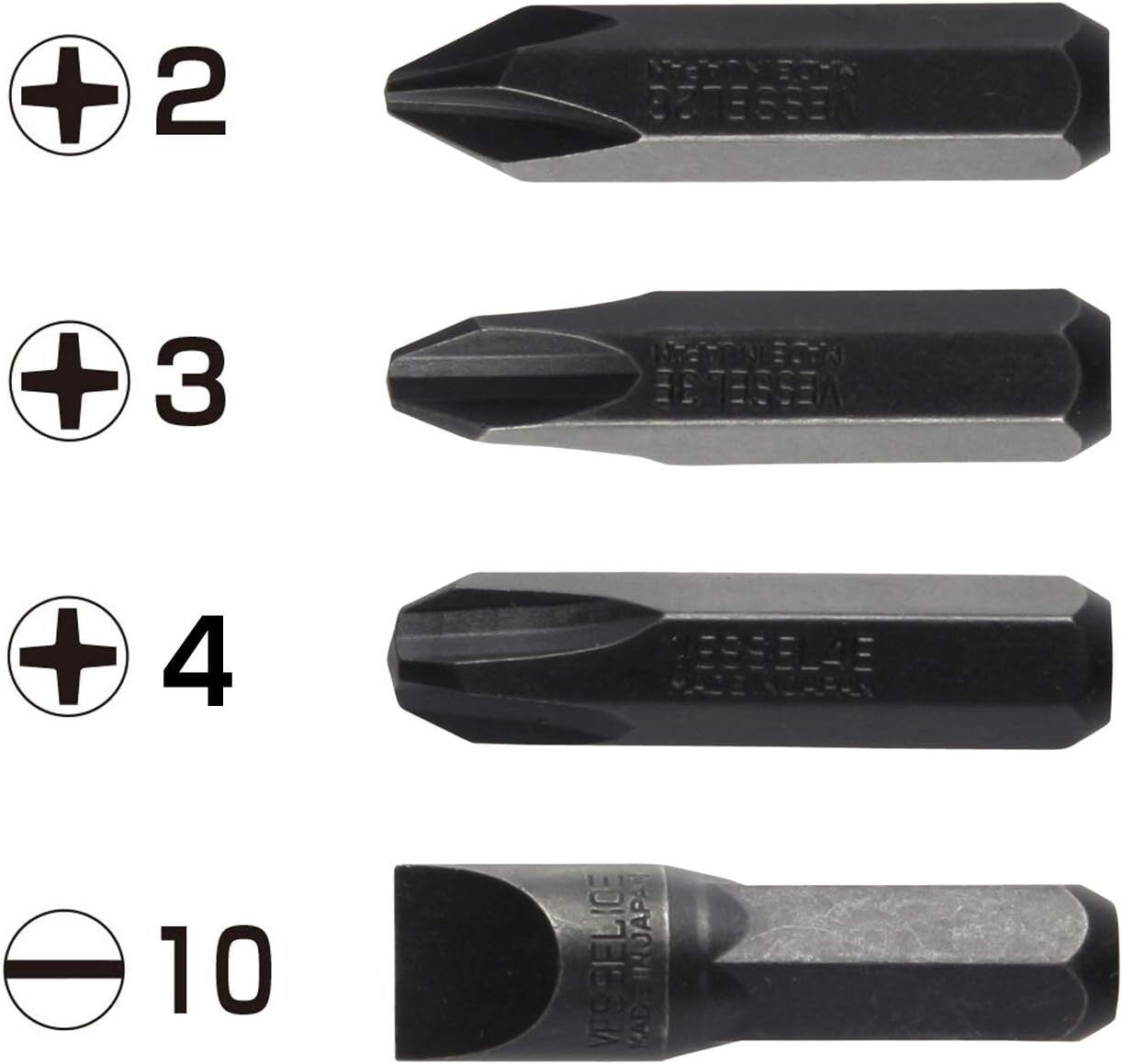 VESSEL BS2500 Impact Screwdriver Bits Heavy Duty 4 Pcs JIS Set